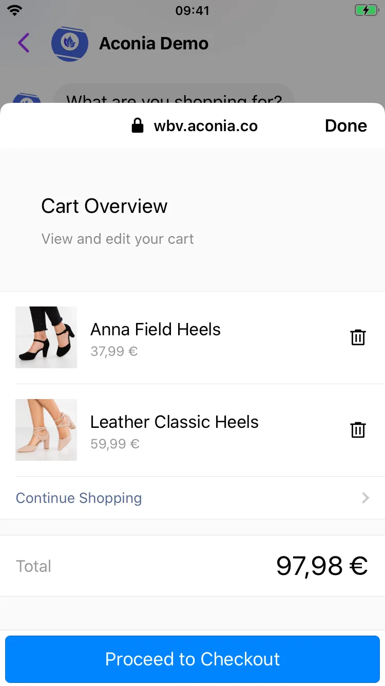 Screenshot of a shopping cart webview